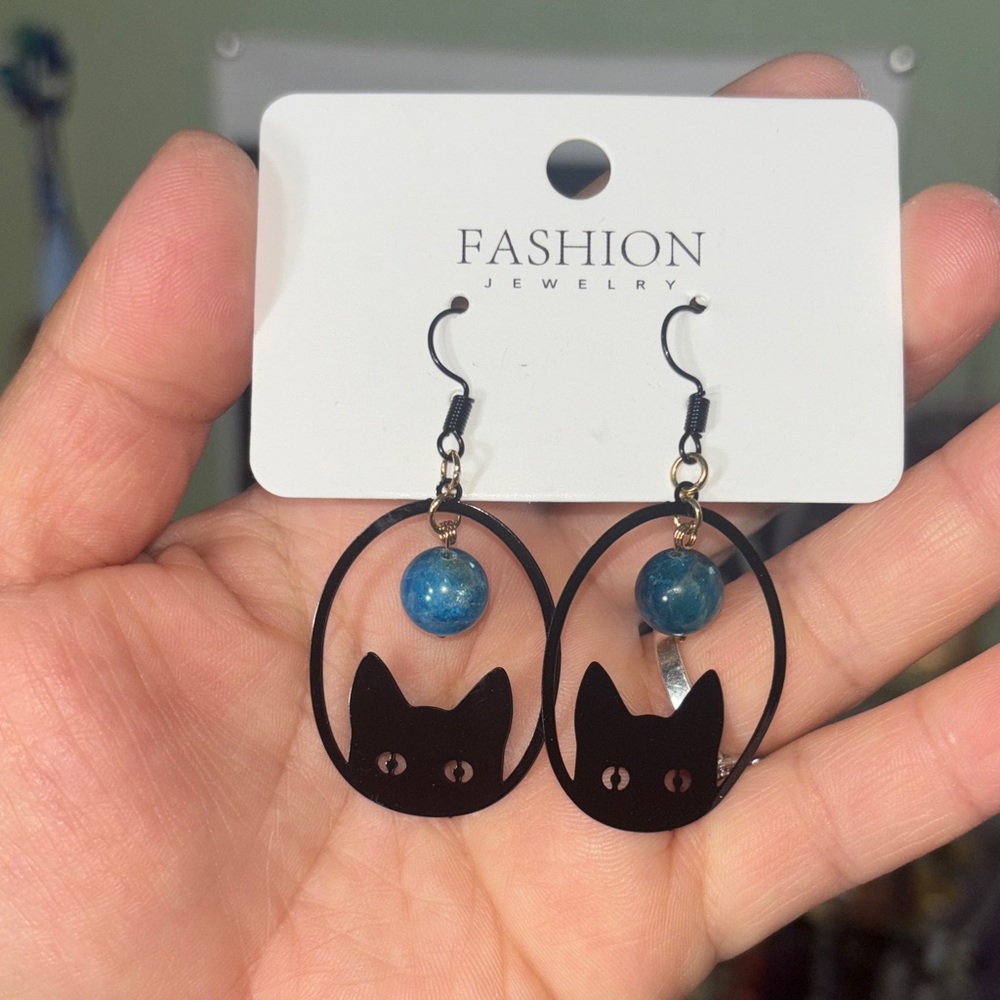 Black Cat Earrings with Blue Apatite beads